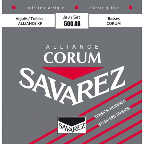 A close-up of Savarez Alliance Corum classical guitar strings packaging with branding and specifications.