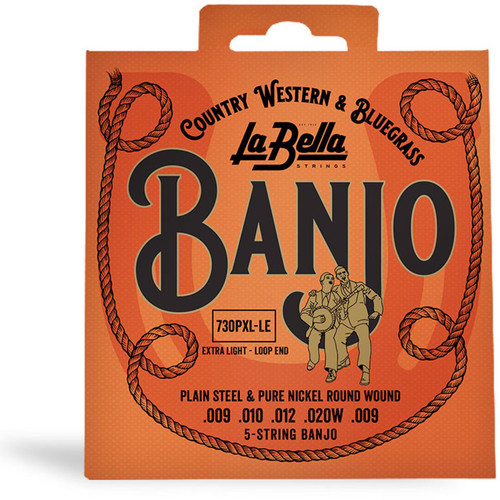 A package of LaBella banjo strings with "Country Western & Bluegrass" branding on an orange background.
