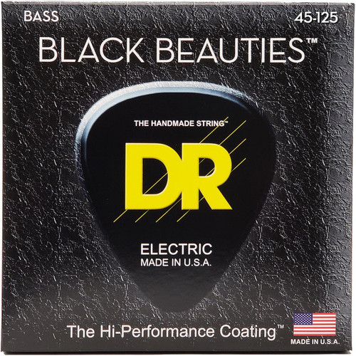A close-up of DR Strings Black Beauties bass guitar strings packaging with "The Hi-Performance Coating" label visible.