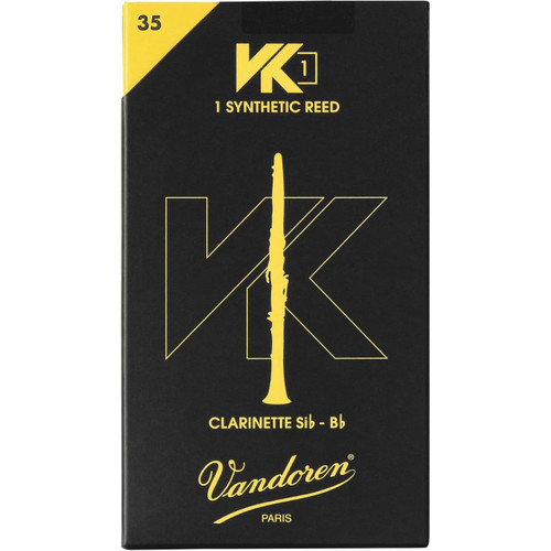 A black box with gold text and logo for Vandoren VK1 Synthetic Bb Clarinet Reed #35.