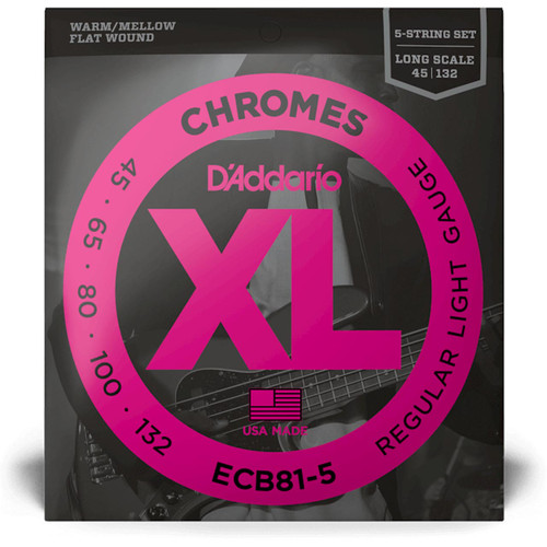 A close-up of D'Addario ECB81-5 XL Chromes bass guitar strings packaging with specifications highlighted.