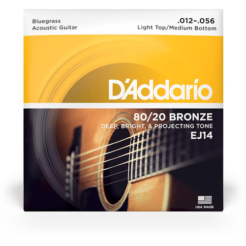 A close-up of D'Addario EJ14 Bluegrass Acoustic Guitar Strings packaging with specifications highlighted.