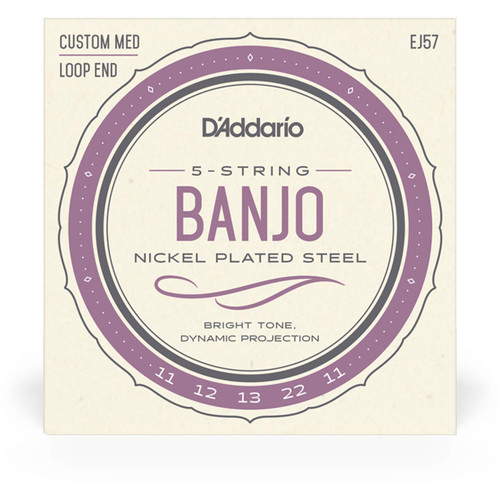 A close-up of D'Addario EJ57 banjo strings packaging with specifications highlighted.