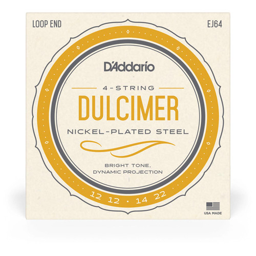 A box of D'Addario EJ64 dulcimer strings with specifications and branding clearly displayed.