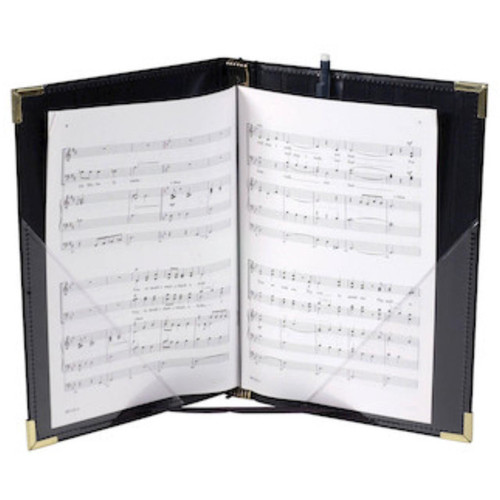 A black choral folder open with sheet music inside, showing elastic stays at top corners.