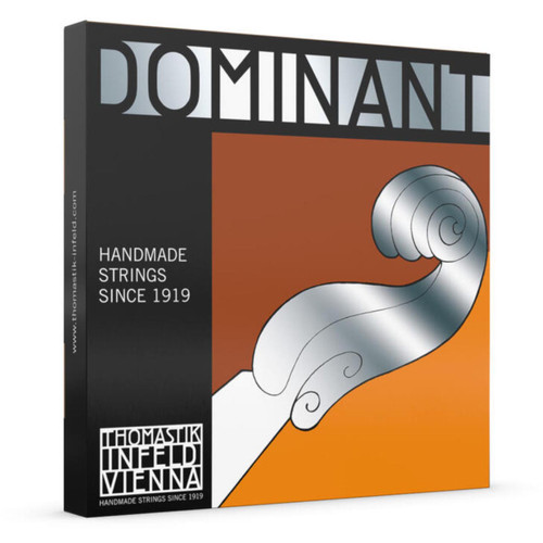 A Thomastik-Infeld Dominant Orchestral double bass string set box with a scroll illustration on an orange background.