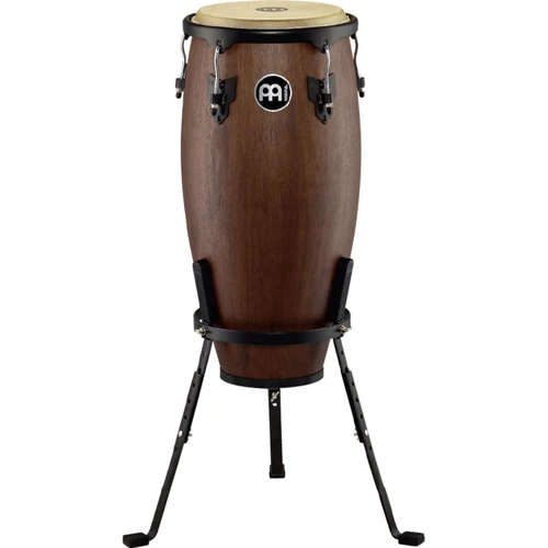 A Meinl Quinto Conga drum with a dark wood finish sits on an adjustable stand against a white background.