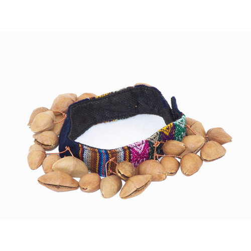 Jamtown J0021 leg shaker featuring a colorful fabric strap with multiple small imitation goat hoof shakers; designed for hands‑free rhythmic accompaniment while tapping the foot.