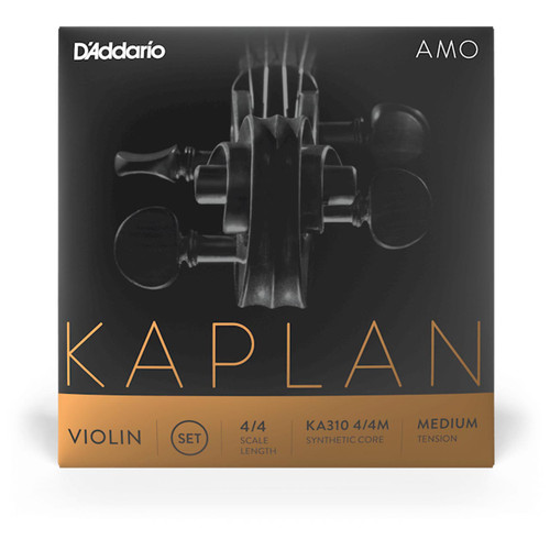 A close-up of D'Addario Kaplan Amo violin strings packaging with a violin peghead silhouette on black background.