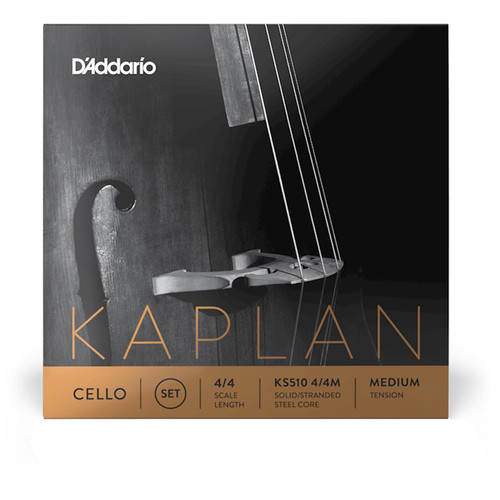A close-up of D'Addario Kaplan cello strings packaging with a cello bridge visible in the background.