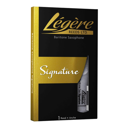 Legere Signature baritone saxophone reed box in black and gold packaging.