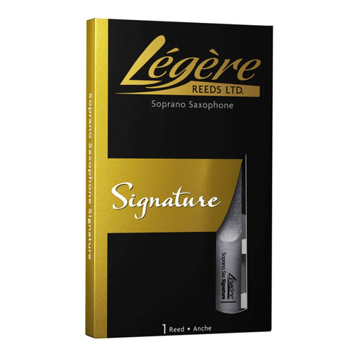 Legere Signature soprano saxophone reed box in black and gold packaging.