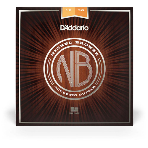 A close-up of D'Addario's NB1256 Nickel Bronze acoustic guitar strings packaging with a wood grain design.