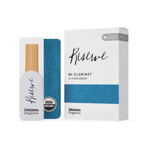 D’Addario Reserve organic Bb clarinet reeds packaging with a white and blue design, featuring a reed in a case, USDA Organic label, and box labeled ‘Bb Clarinet – 10 filed reeds.’