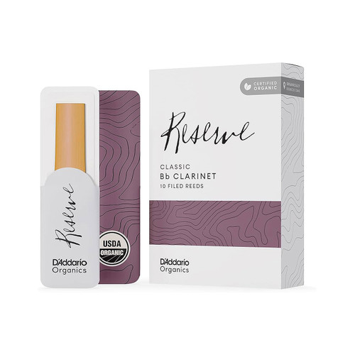 D’Addario Reserve Organic Classic Bb clarinet reeds packaging with a white and purple design, showing a reed in a protective case, USDA Organic seal, and box labeled ‘Classic Bb Clarinet – 10 filed reeds.’
