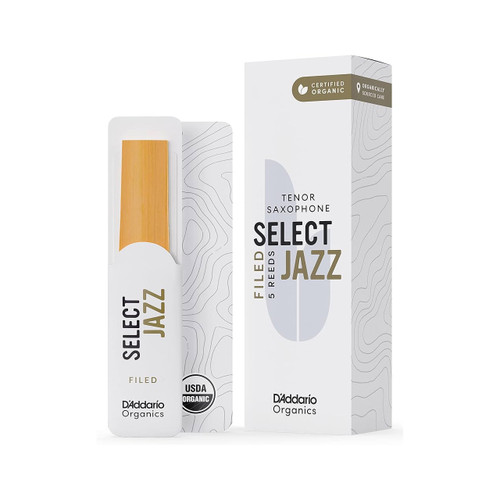 D’Addario Organics Select Jazz tenor saxophone reeds, filed cut, displayed in a white reed holder with a visible reed alongside the product box marked ‘Certified Organic’ and ‘USDA Organic.’