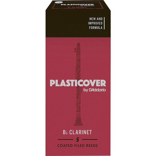 A red box of Plasticover by D'Addario reeds for Bb Clarinet on a white background. The front of the box says "5 Coated Filed Reeds"