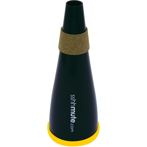 A black trumpet practice mute with yellow base and cork band.