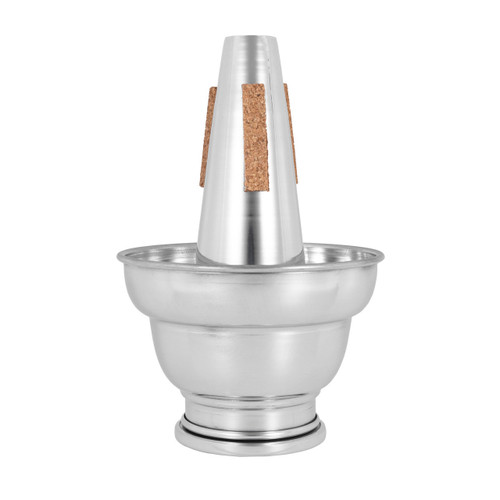 An aluminum trumpet cup mute on a plain white background.