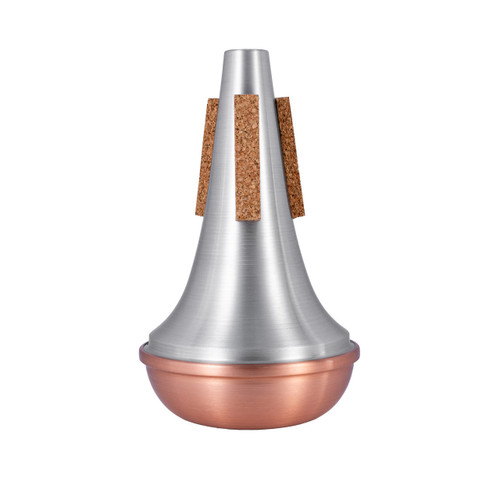 A straight aluminum trumpet mute with a copper bottom on a plain white background.