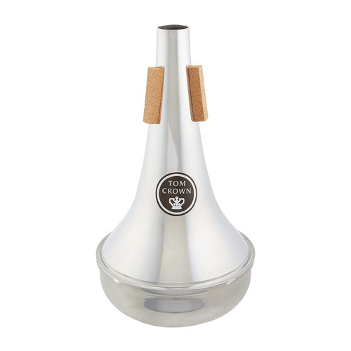 A Tom Crown aluminum straight bass trombone mute stands upright against a white background.