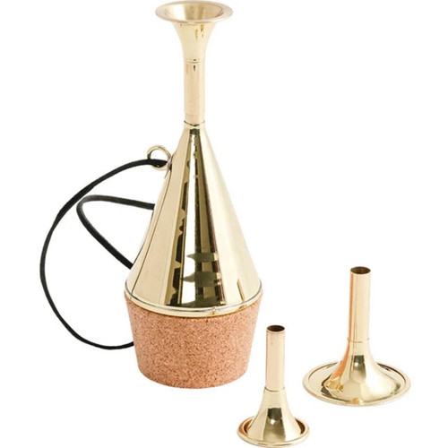 A gold French horn mute with cork base and interchangeable bell flares shown against a white background.