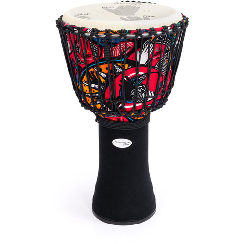 A colorful percussion instrument with a vibrant design featuring hand illustrations and text instructions on its head.