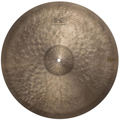 A Zildjian Kerope medium thin low ride cymbal with a textured surface and central hole against a white background.