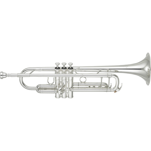 A side profile view of a silver-plated Yamaha Xeno YTR-8345IIS trumpet on a plain white background.