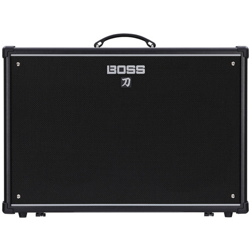 Straight-on front view of BOSS Katana 100/212 guitar amplifier combo with black woven grille, silver trim border, centered BOSS logo, and reinforced corner protectors on a white background.