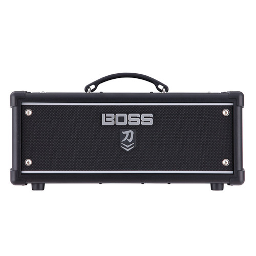 Front view of the BOSS Katana Amplifier Head showing black textured cabinet, top carry handle, silver trim, control panel, and front grille with BOSS Katana emblem.