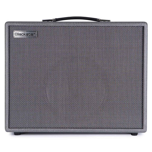 Blackstar Silverline Deluxe guitar amplifier with gray cabinet, silver grille cloth, Blackstar logo badge, and top carry handle, shown from the front.