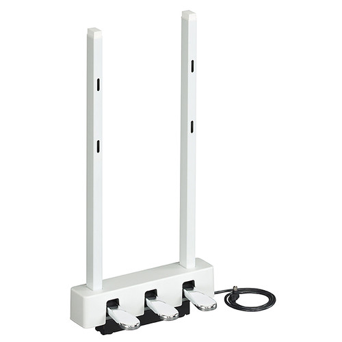 Yamaha LP-1 white three-pedal unit for digital pianos, isolated on a white background. The unit features three chrome-finished foot pedals (soft, sostenuto, and sustain) housed in a sleek white base. Two vertical white metal support bars with mounting slots extend upward from the base, and a coiled black connection cable sits to the right side.