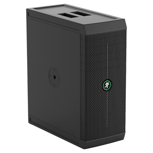 A vertical view of the Mackie Thump Go Subwoofer standing upright, highlighting the black textured grille with a green Mackie logo and a circular pole mount socket on the side.