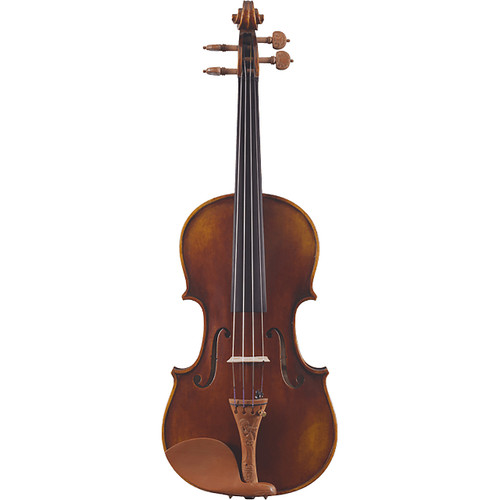 Full front view of a Chaconne violin with a glossy amber-brown varnish, black fingerboard, four strings, carved wooden bridge, and traditional f-holes, isolated on a white background.