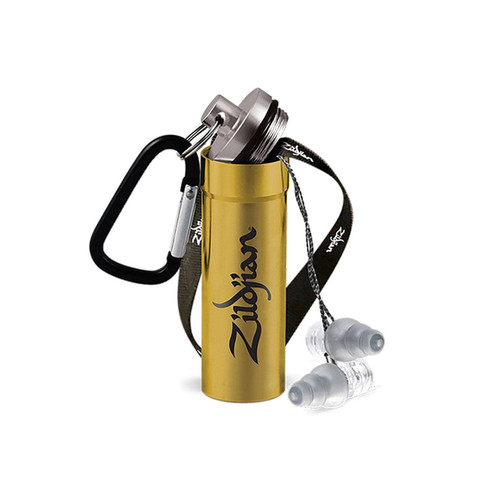 A cylindrical gold aluminum earplug carrying case with a black Zildjian logo printed vertically on the side. The case's silver screw-top lid is unscrewed and attached to a black carabiner clip, with a fabric neck lanyard and a pair of translucent gray earplugs draped out of the opening against a white background.