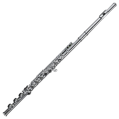 An angled view of a silver flute with a white background.