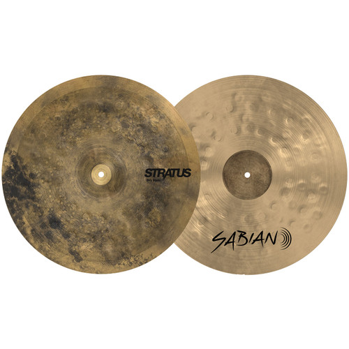 Side-profile view against a white background showing a pair of Sabian Stratus hi-hat cymbals stacked together, highlighting their thin edges, matching bows, and central bells pointing outward.