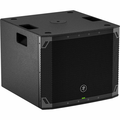 Three-quarter perspective view of the black Mackie Thump15S v4 subwoofer cabinet, showing its textured finish, recessed side handles, top pole-mount cup, and perforated front grille with the Mackie logo.