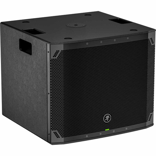Three-quarter perspective view of the black Mackie Thump18S v4 subwoofer cabinet, showing its textured finish, recessed side handles, top pole-mount cup, and perforated front grille with the Mackie logo.