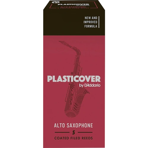 A red box of Plasticover by D'Addario reeds for Alto Saxophone on a white background. The front of the box says "5 Coated Filed Reeds"