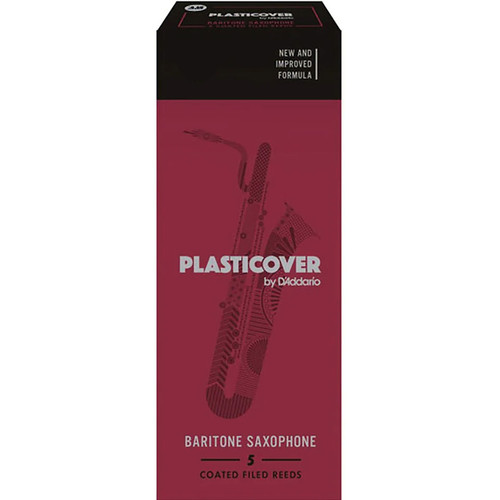 A red box of Plasticover by D'Addario reeds for Baritone Saxophone on a white background. The front of the box says "5 Coated Filed Reeds"
