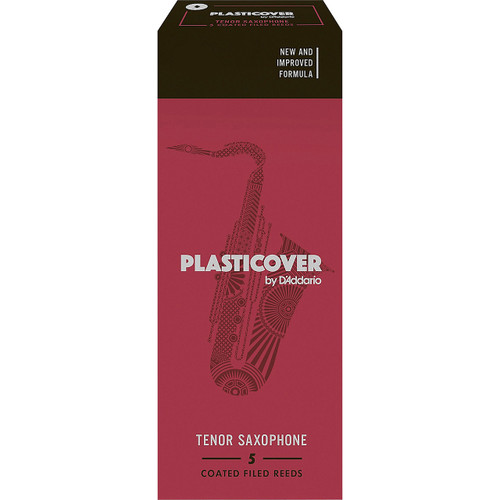 A red box of Plasticover by D'Addario reeds for Tenor Saxophone on a white background. The front of the box says "5 Coated Filed Reeds"