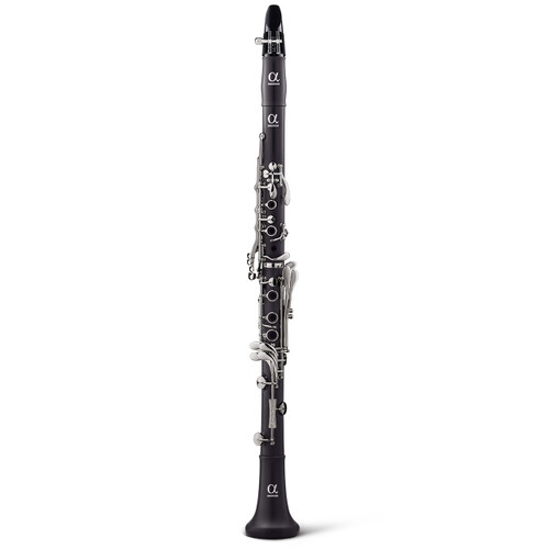 Full-length front view of the Backun Alpha A Student Clarinet with a mouthpiece featuring a matte black synthetic body and polished nickel-plated keys.