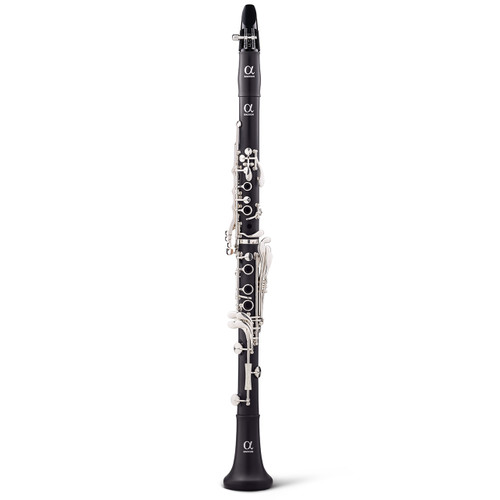 Full-length front view of the Backun Alpha A synthetic clarinet with mouthpiece, silver-plated keys and an integrated Left-Hand Eb lever.