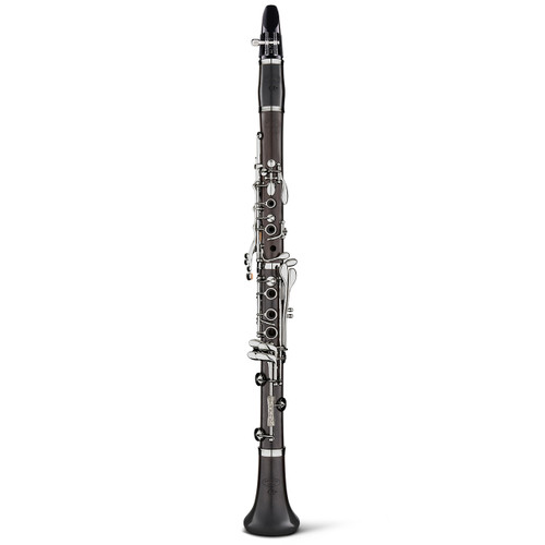 Full-length front view of the Backun Alpha A Plus Student Clarinet with a mouthpiece featuring a matte black grenadilla body and polished nickel-plated keys.