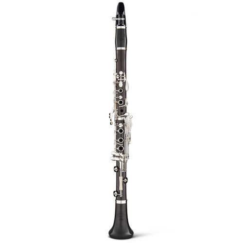 Full-length front view of the Backun Alpha A Plus grenadilla clarinet with mouthpiece, silver-plated keys and an integrated Left-Hand Eb lever.