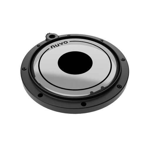 Round Nuvo drum tom pad with a black outer frame and a silver playing surface featuring a central black power dot.