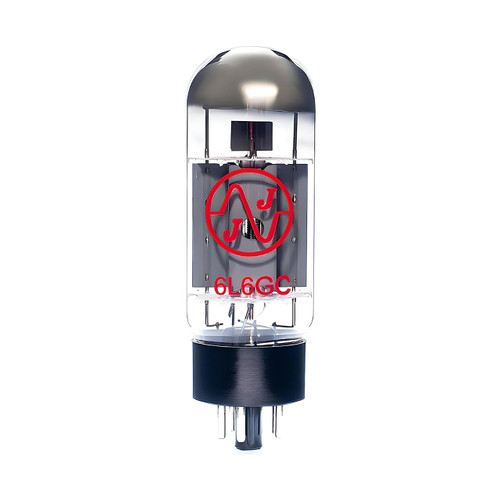 JJ Electronic 6L6GC power vacuum tube with a black base and red logo branding centered on a white background.