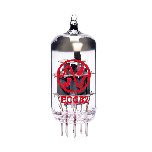 JJ Electronic ECC82 vacuum tube with red logo branding on a plain white background.